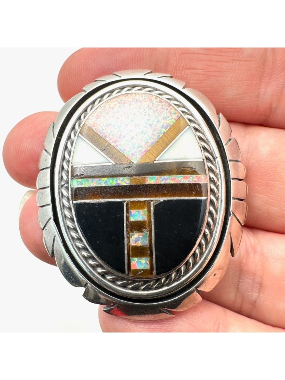 Vintage Native American Inlay Gemstone Pin Brooch Sterling Silver Opal Tiger Eye